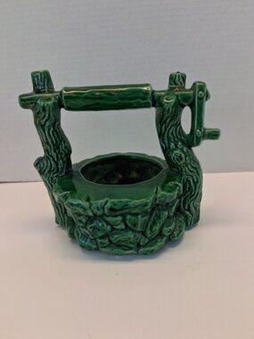 VTG Lane & Co L.A. Cal 1954 Green Ceramic Wishing Well Planter 6.5" Tall Rustic